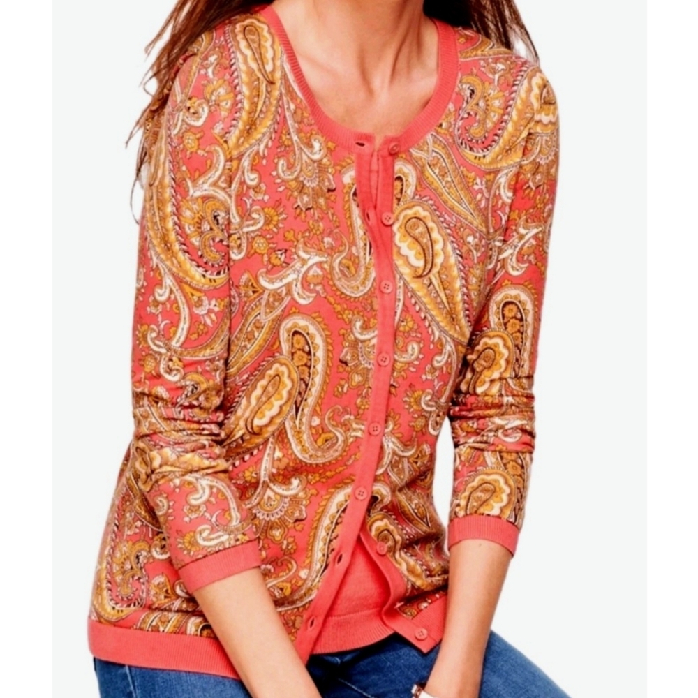 Talbots English Paisley Print Button Down Cardigan Sweater Pink Size S Timeless